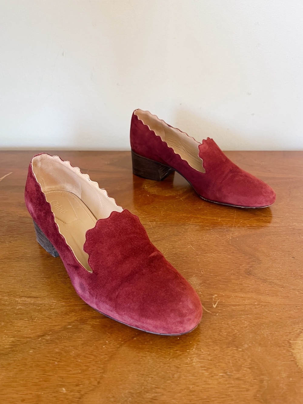 Chloe • Lauren block heel pumps loafers slip on scalloped red suede leather